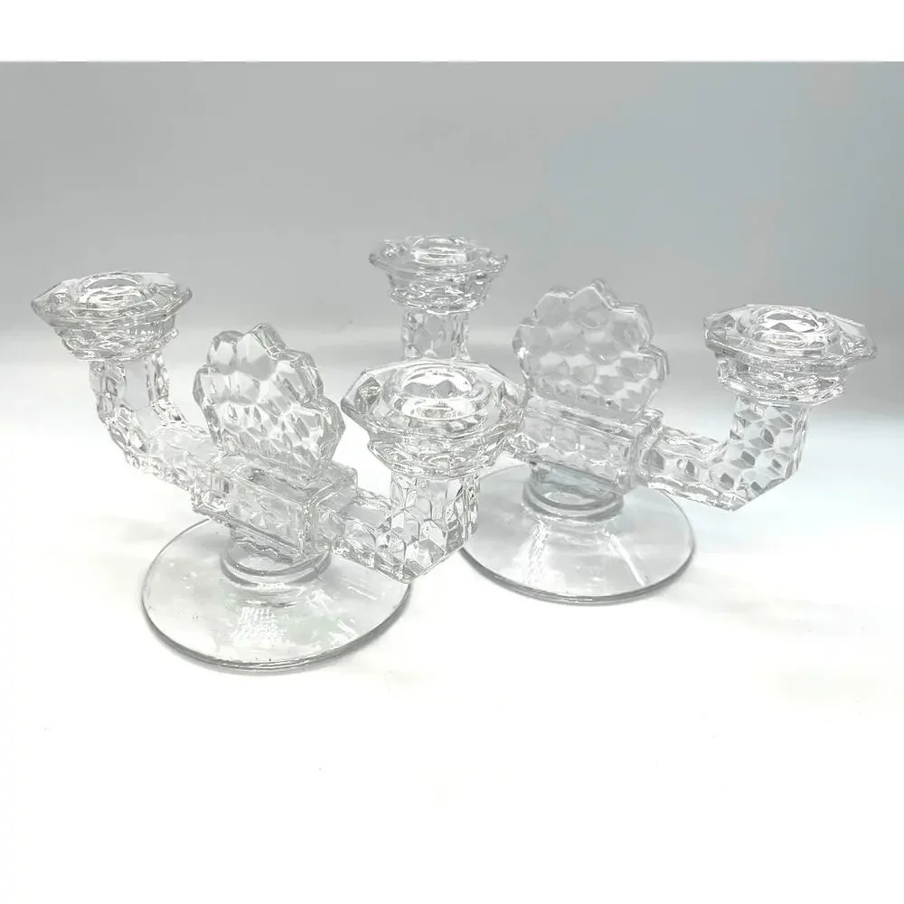 Vintage MCM Fostoria American Set of 2 Crystal Double-Arm Candlestick Holders 5